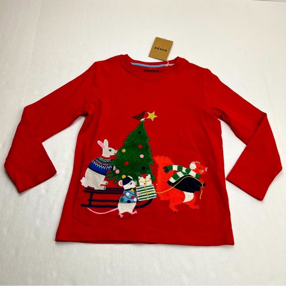 Mini Boden Kid Holiday Appliqué Long Sleeve Cotton Top Size 5 - 6 Year NEW *FLAW