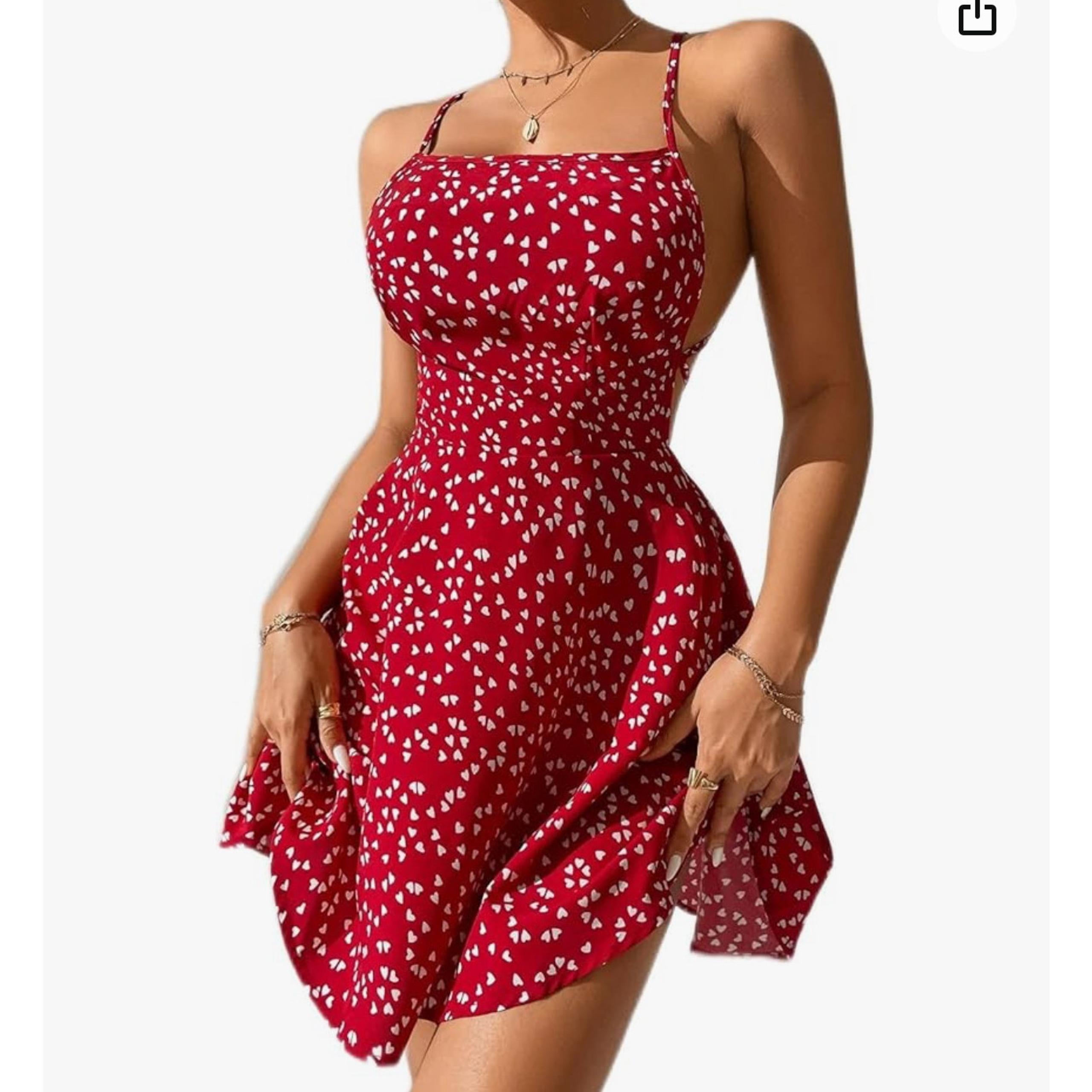Women's Dresses Confetti Heart Print Criss Cross Tie Backless Cami Dress SZ MD