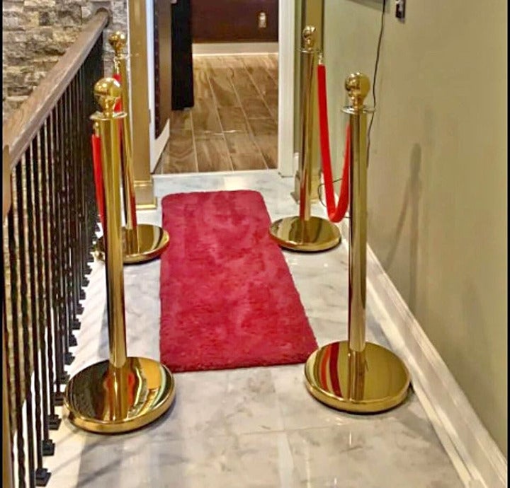 4 Stanchions Gold Colored Stainless Steel Red Velvet Ropes