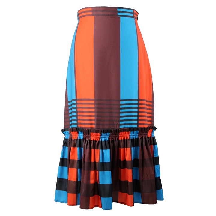 Eva Franco NEW Anthropologie 140 Sz 6 Brown Orange Blue Lined Ruffle Poly Skirt