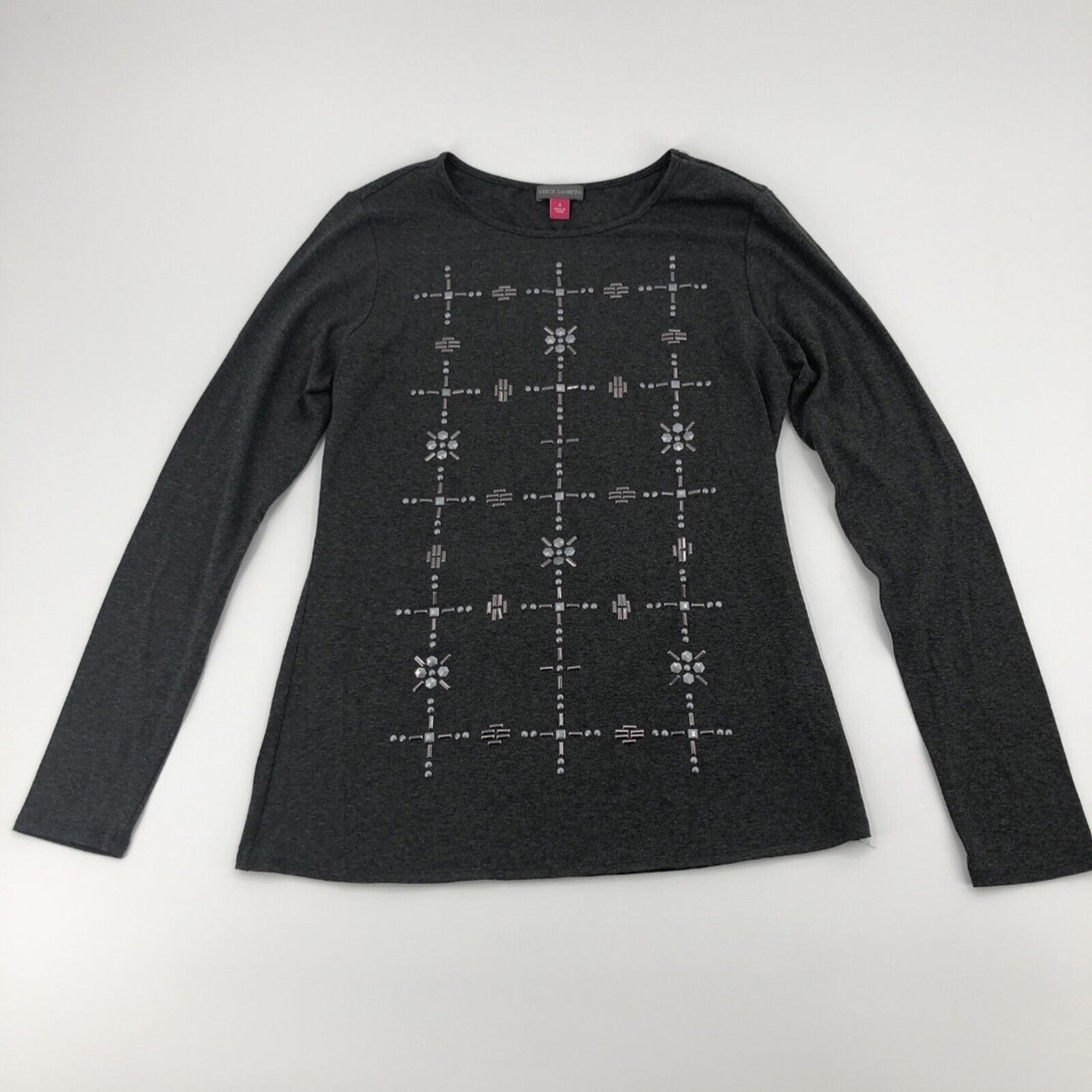 Vince Camuto Womens Top Small Gray Metal Stud Long Sleeve Stretch Rayon Knit NEW