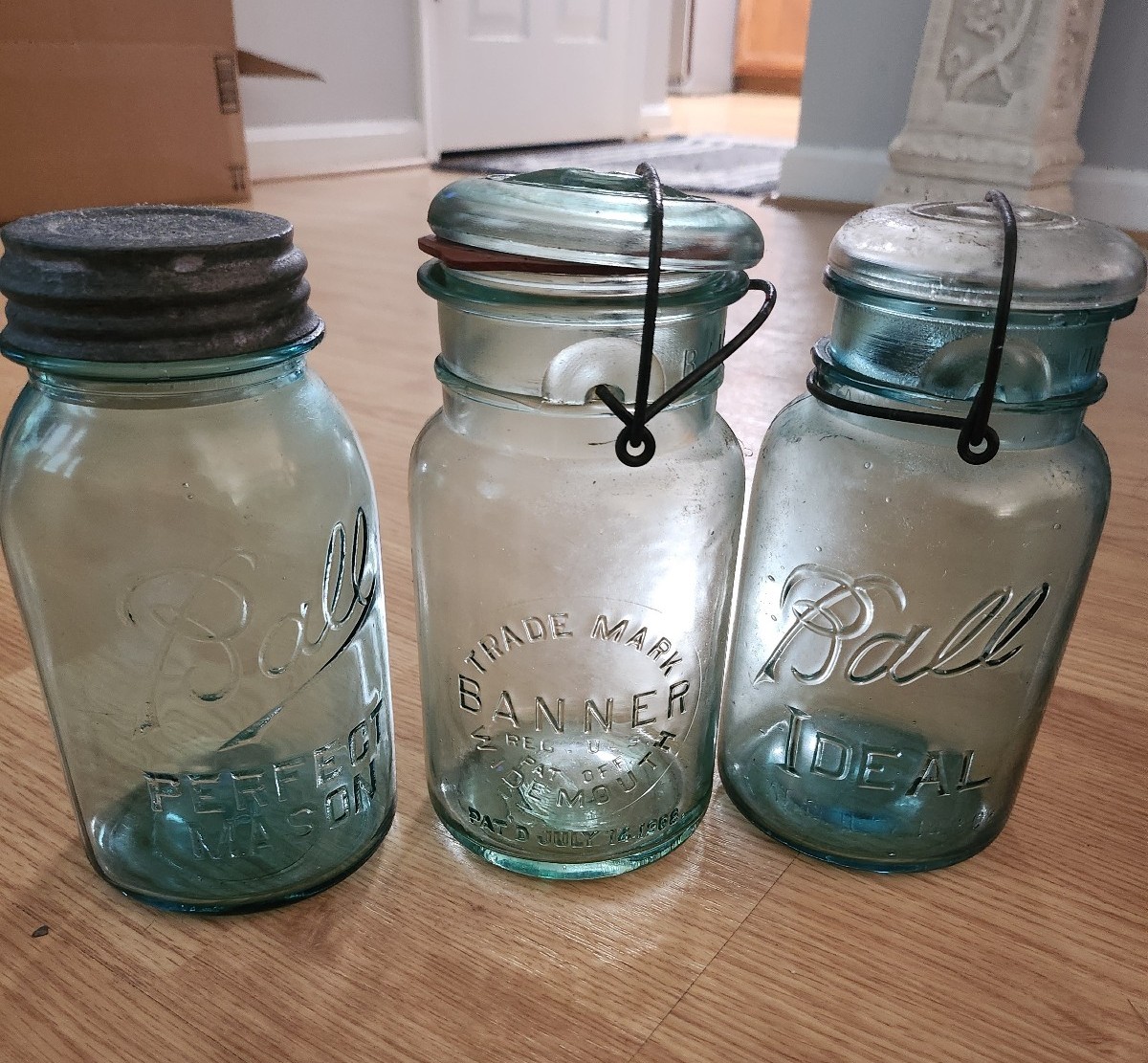 Set of three antique blue green Ball and Banner quart Mason jars