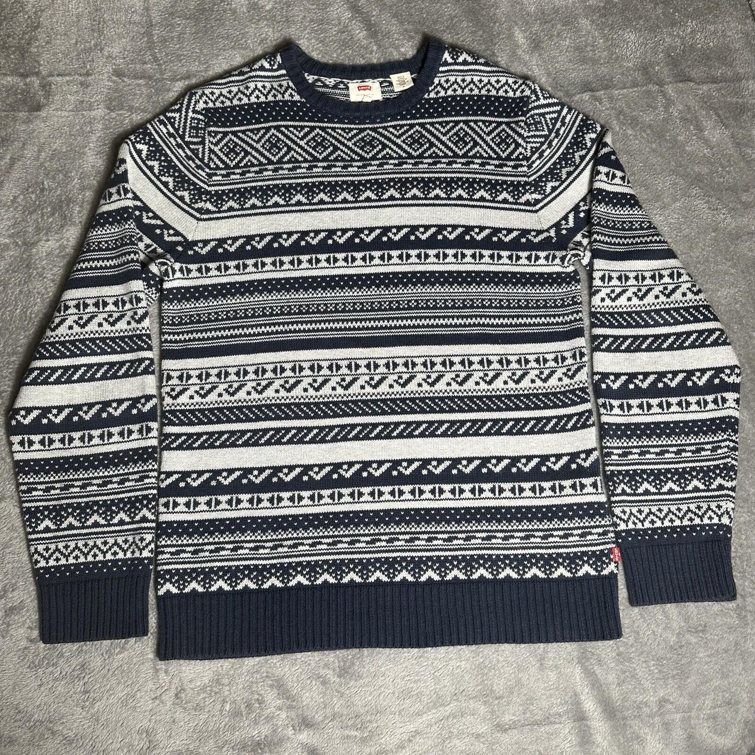 Levis Mens Fair Isle Crew Neck Nordic Classic Sweater Blue White Size Medium