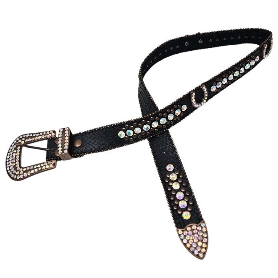 Western Rhinestone Black Leather S Belt Rodeo Horseshoe Cowgirl Glam Boho