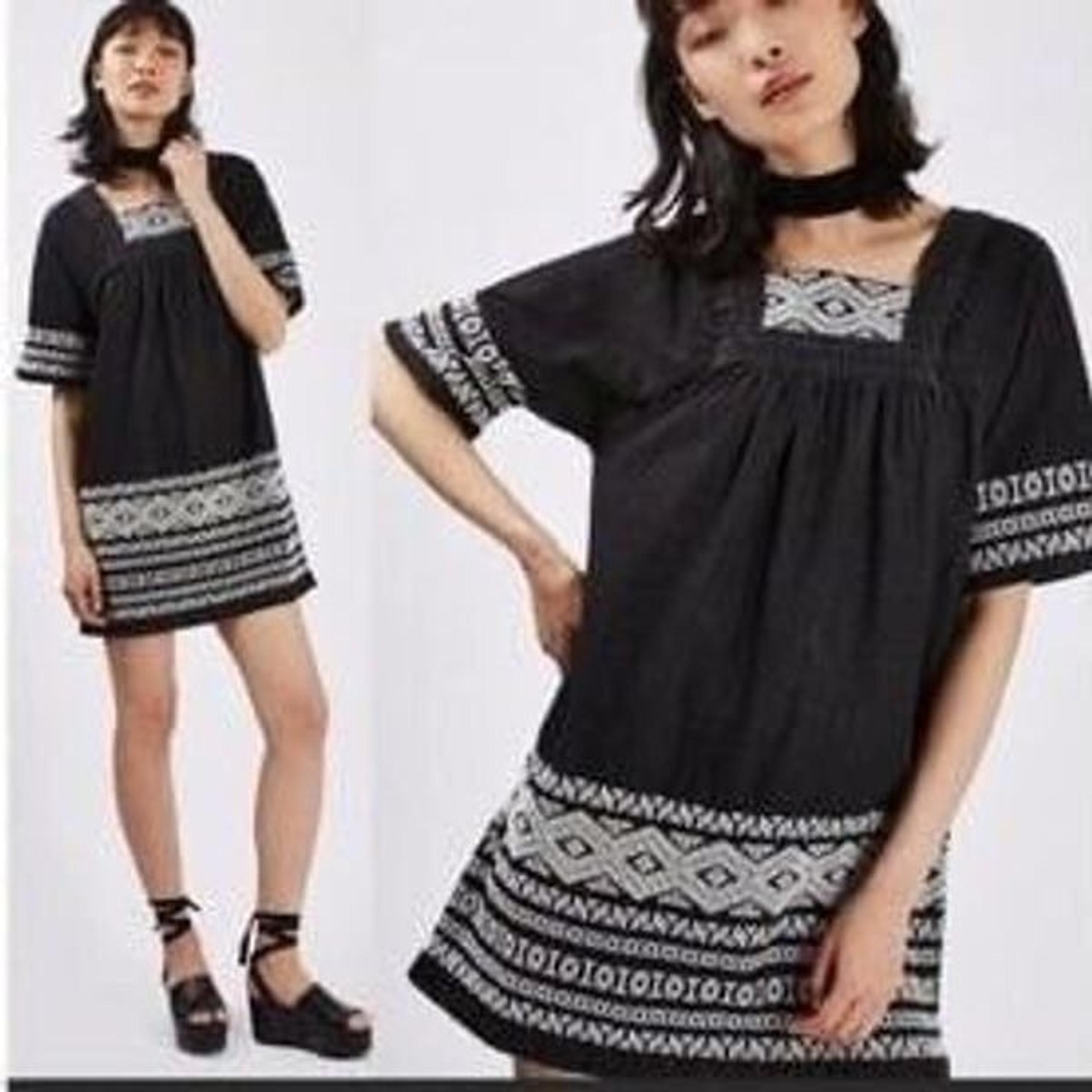 TOPSHOP MOTO | Black Embroidered Short Sleeve Boho Dress Women’s Size 2