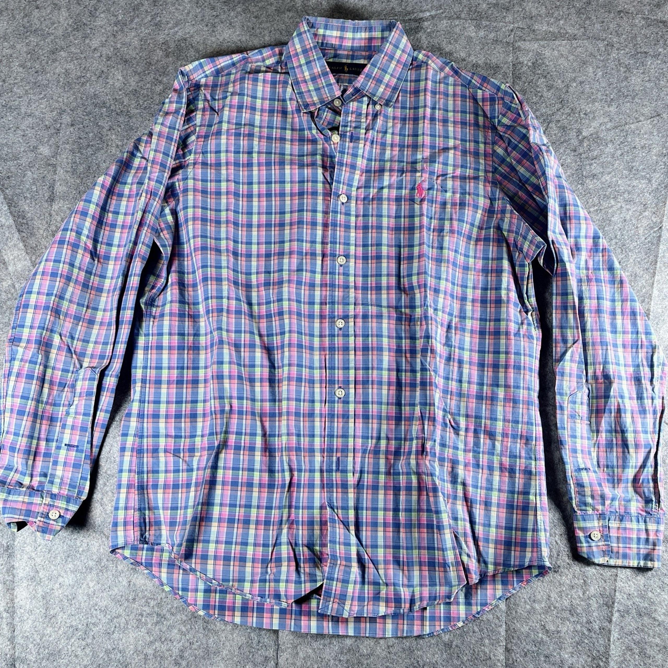 Ralph Lauren Blue Pink Plaid BDC Cotton Long Sleeve Mens Shirt M