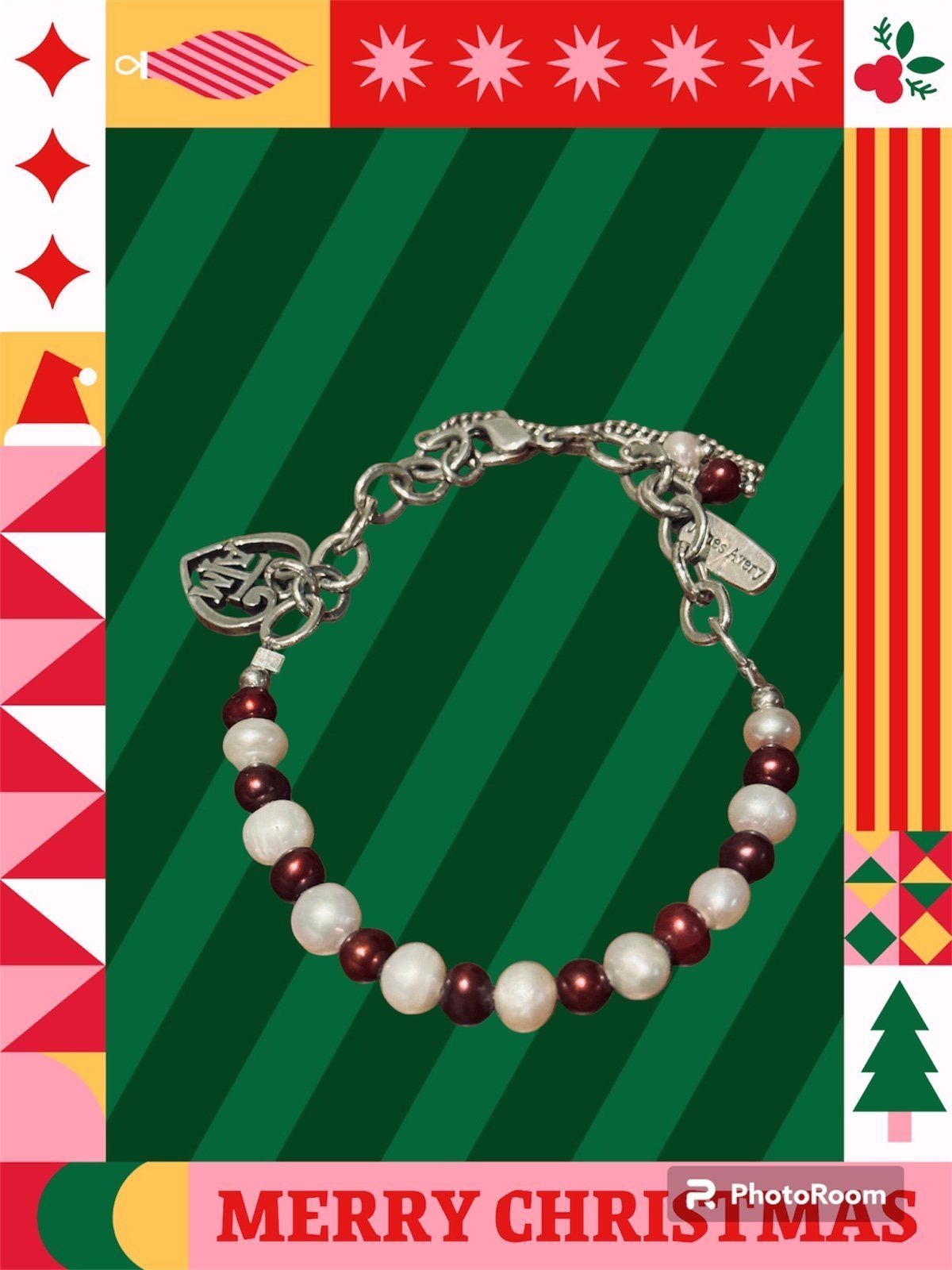 Modified Split Silver James Avery Charm Bracelet w/Genuine White & Maroon Pearls