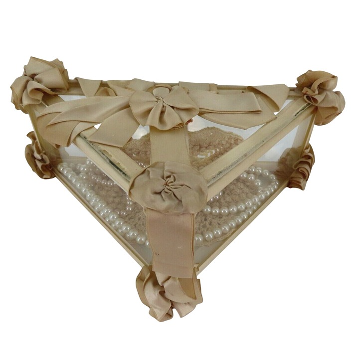 VTG Handmade Ivory Satin Ribbon Glass Triangle Jewelry Trinket Box Pearls Lace