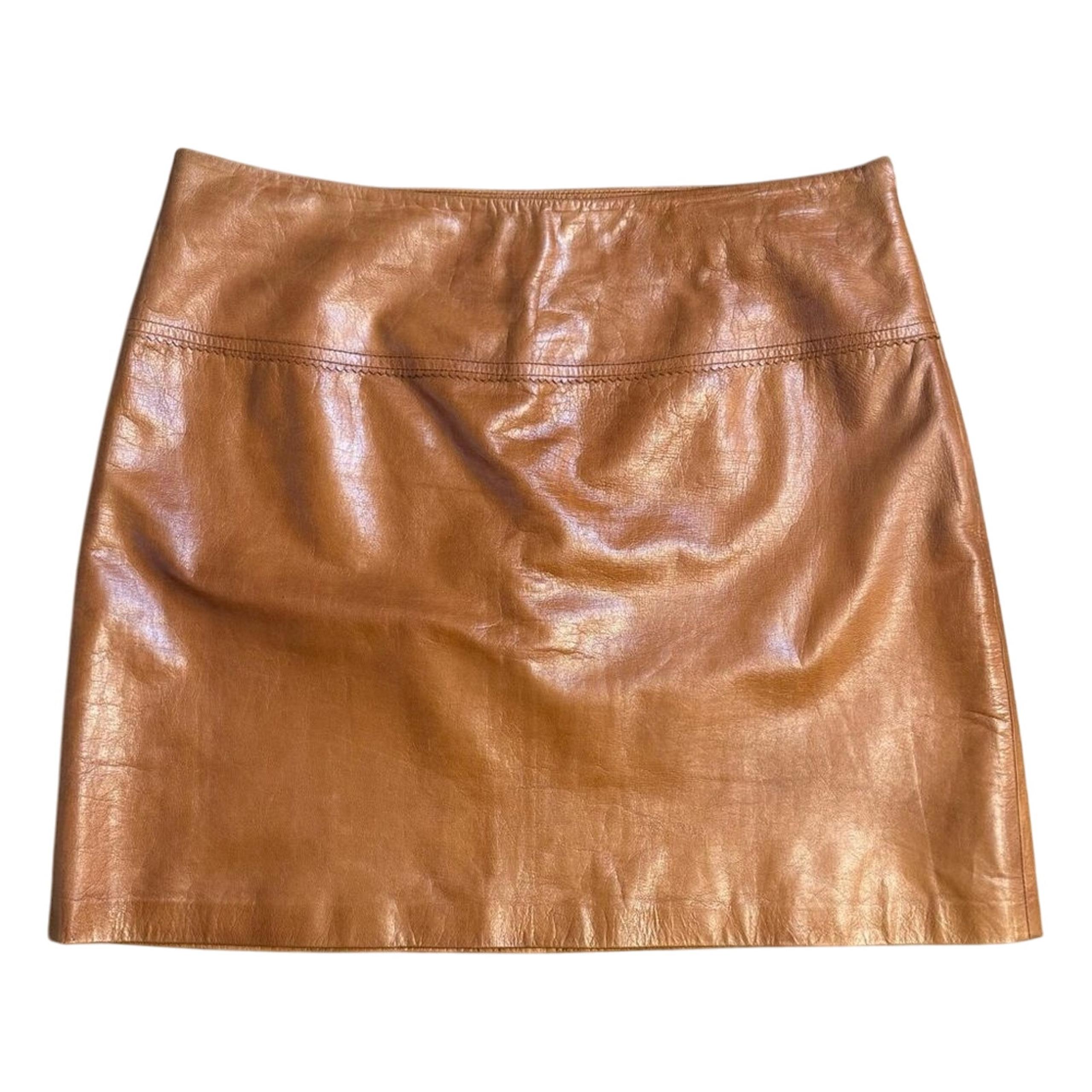 Cache Women’s VTG 100% Genuine Leather Mini Skirt Lined Zip Closure Tan Size 10