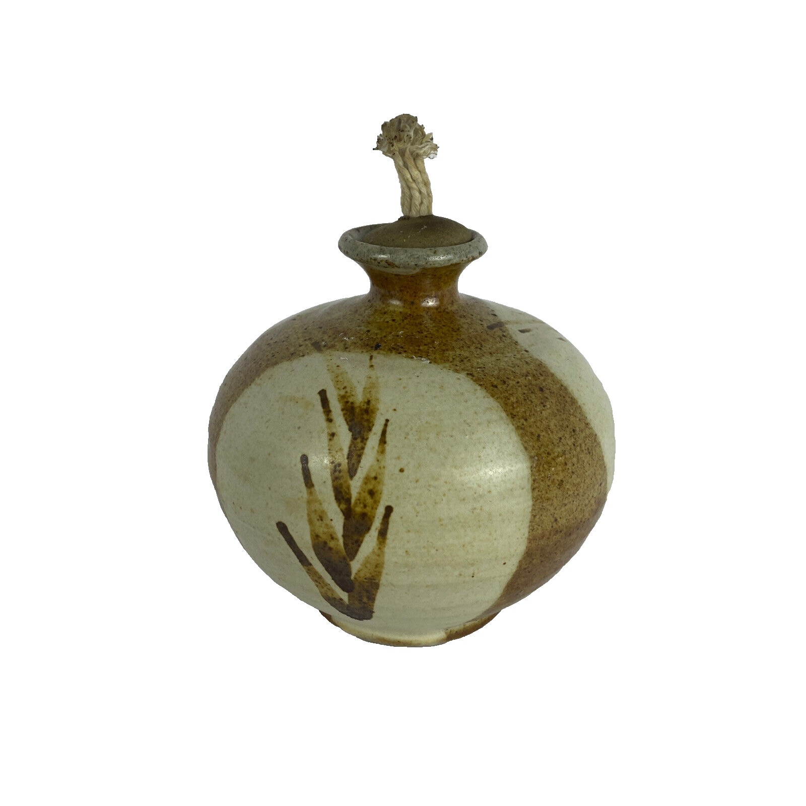 Ceramic Pottery Oil Lamp Burner Unsigned Wheat Earth Tones Removable Wick