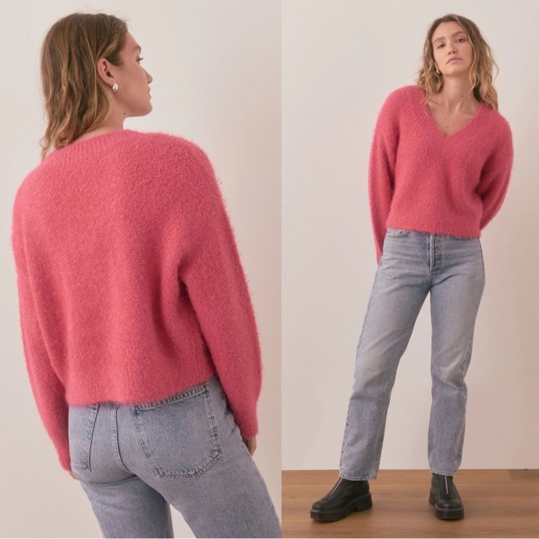 Marine Layer Teddy Eyelash V-Neck Wool Blend Sweater Raspberry Pink Size Small