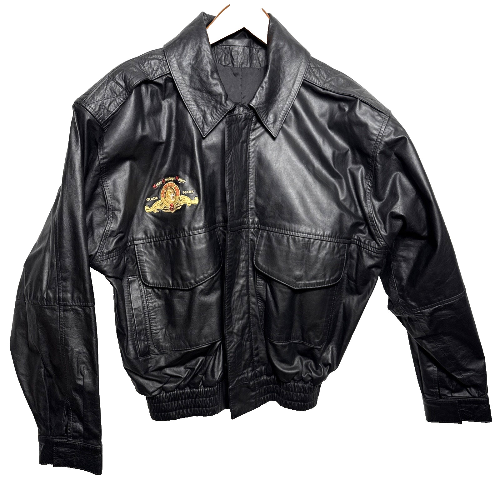 Vintage MGM Movie Studios Black Leather Bomber Jacket Mens Size XL Film Director