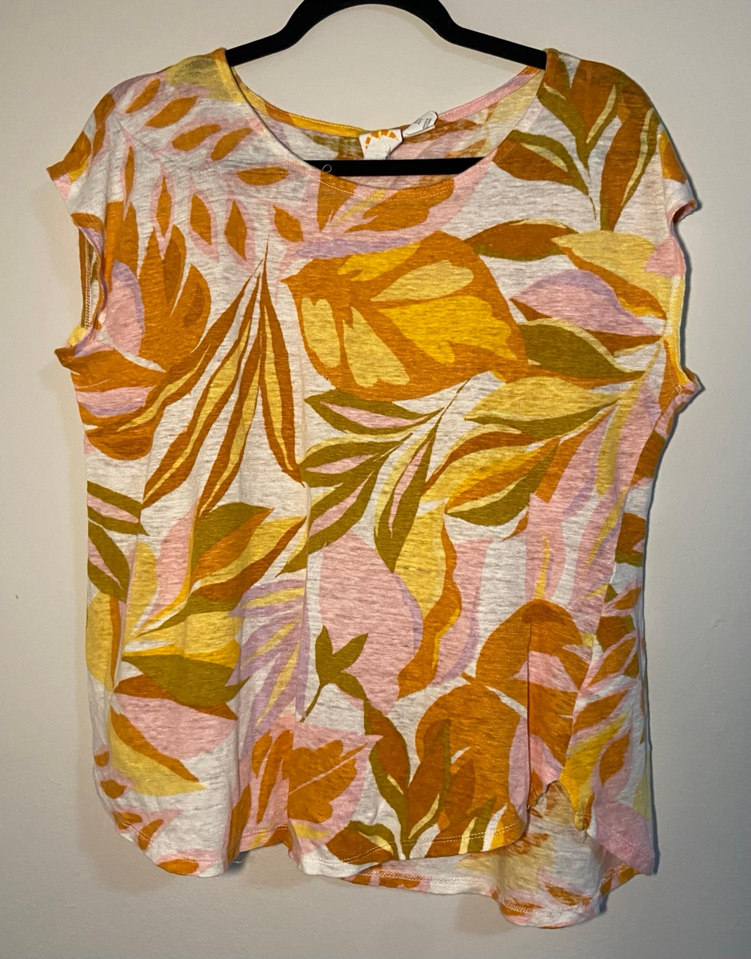 C&C California Blouse Women's Orange Tropical Round Neck Button-Back Size Large