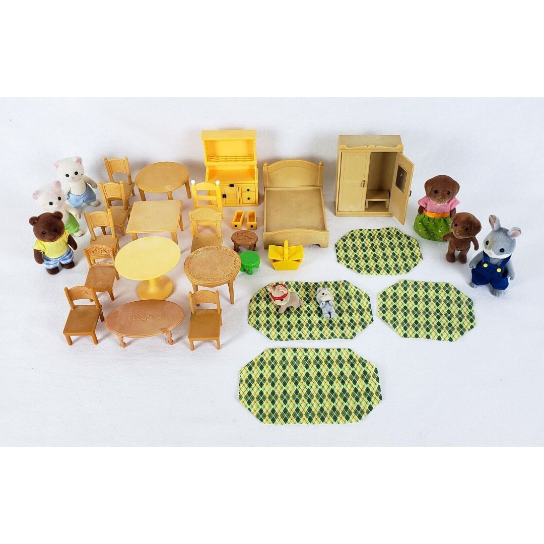 Calico Critters Lot Figures w/ Clothes Furniture Rugs Babies Sylvanian Families