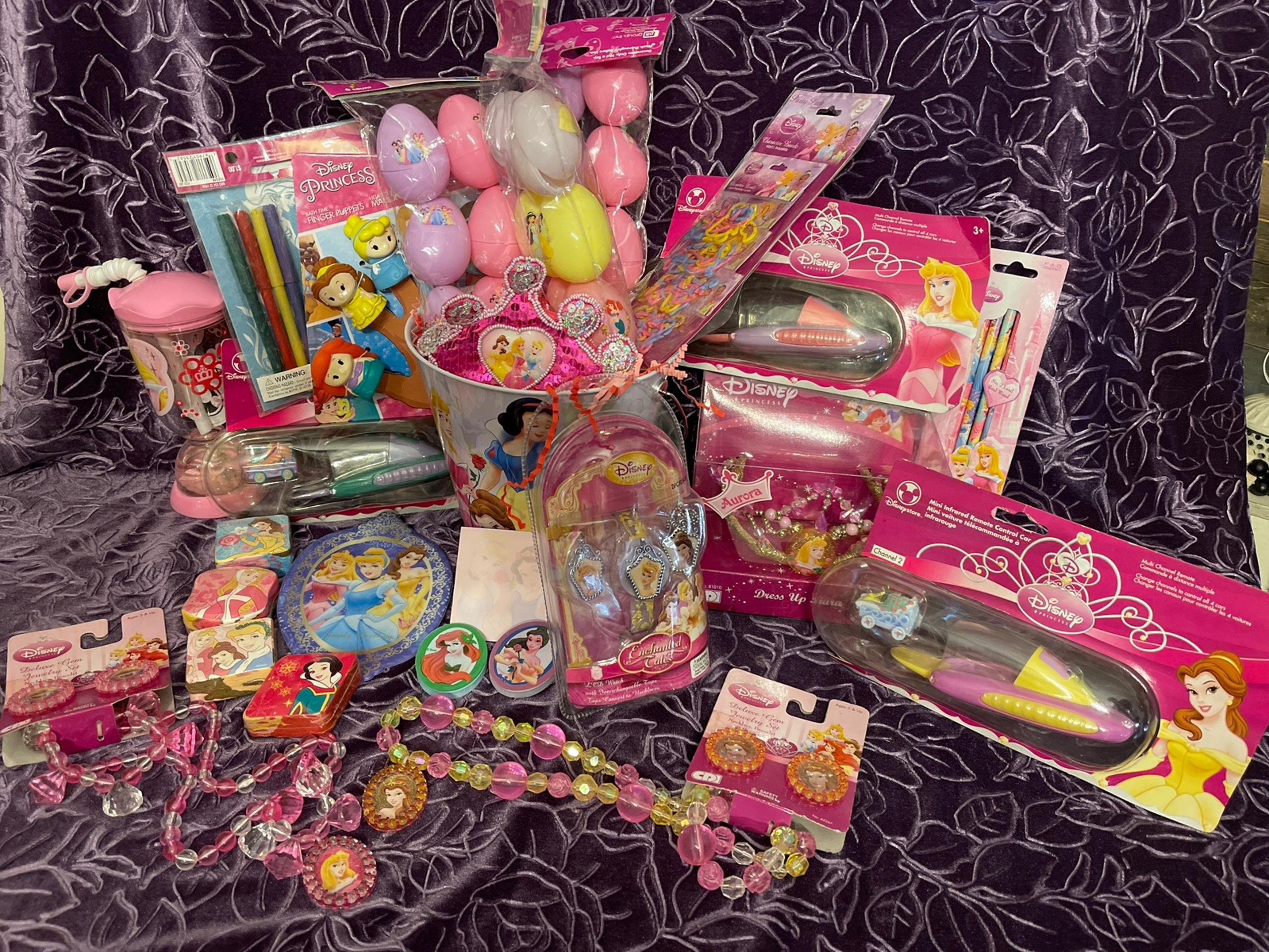 New Easter basket Disney Princess themed cup RC cars jewelry tiara puppets watch
