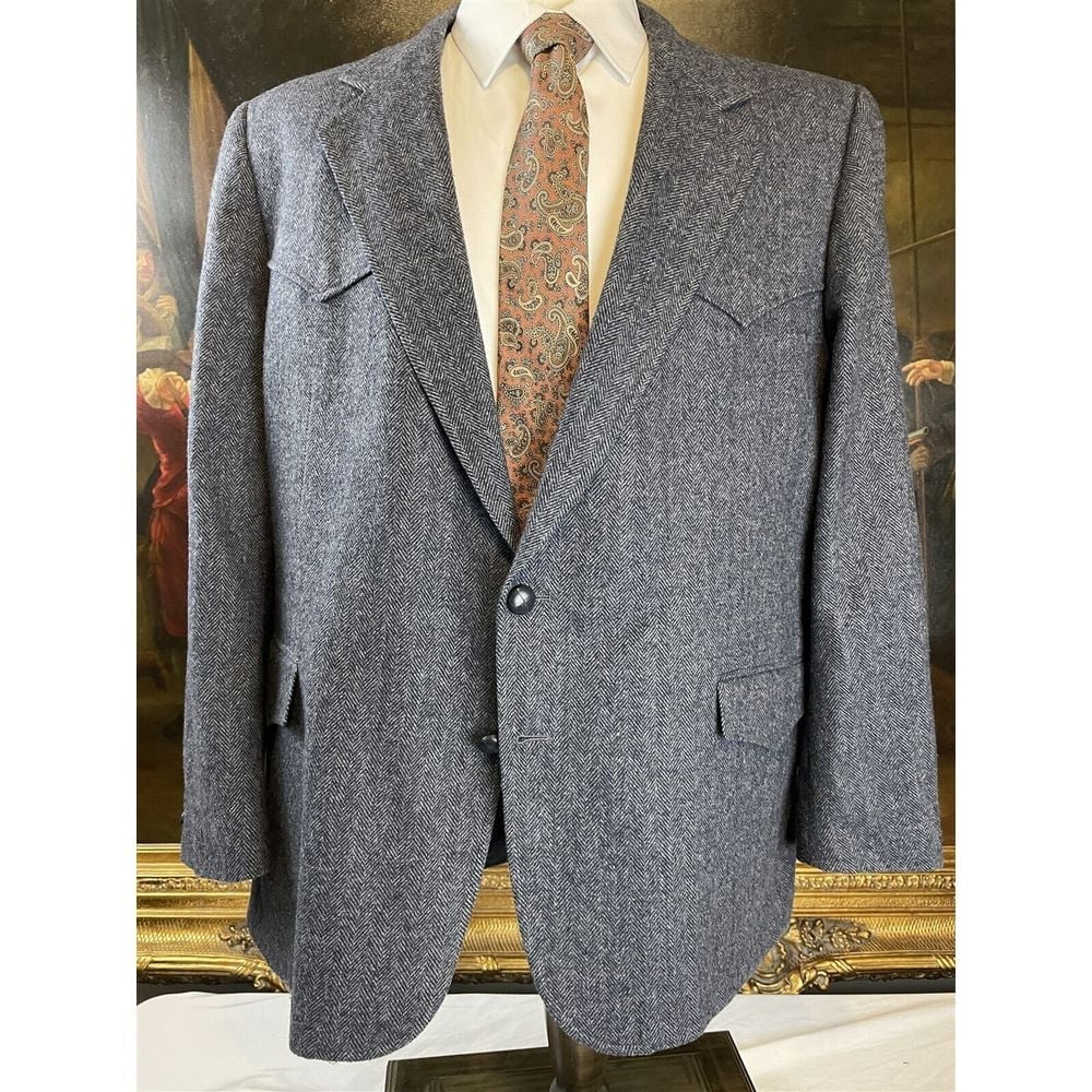VTG Guy Garrett 48R USA MADE Western Yoke Gray Herringbone Tweed 2Btn Blazer