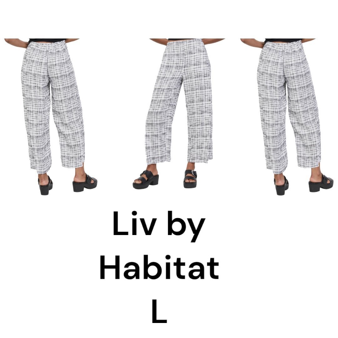 Liv by Habitat white + black window pane print linen blend pull on pants size L