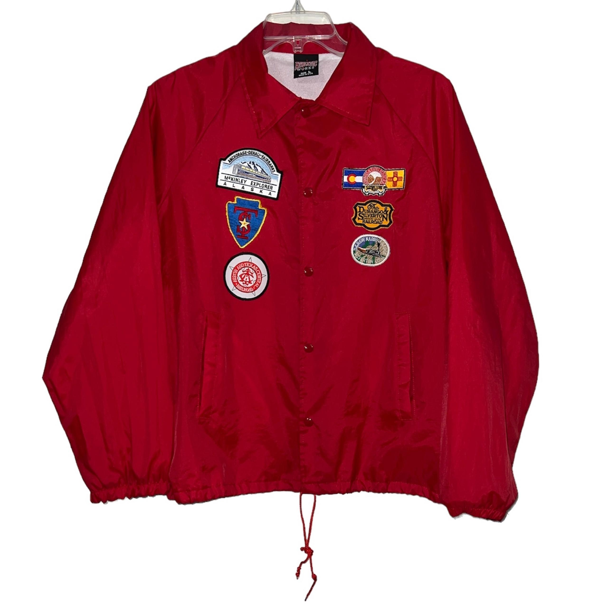 Athletic Works Men’s Vintage Red Windbreaker Jacket Size L Railroad Patches