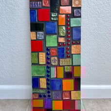 24 x9 Signed Nancy Schultz Ceramic Tile Wall Art Mosaic Panel Mixed Media Piece