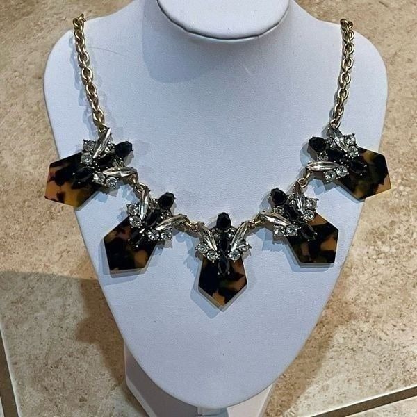 J. Crew Tortoiseshell & Crystal Rhinestone Gold Tone Fashion Statement Necklace