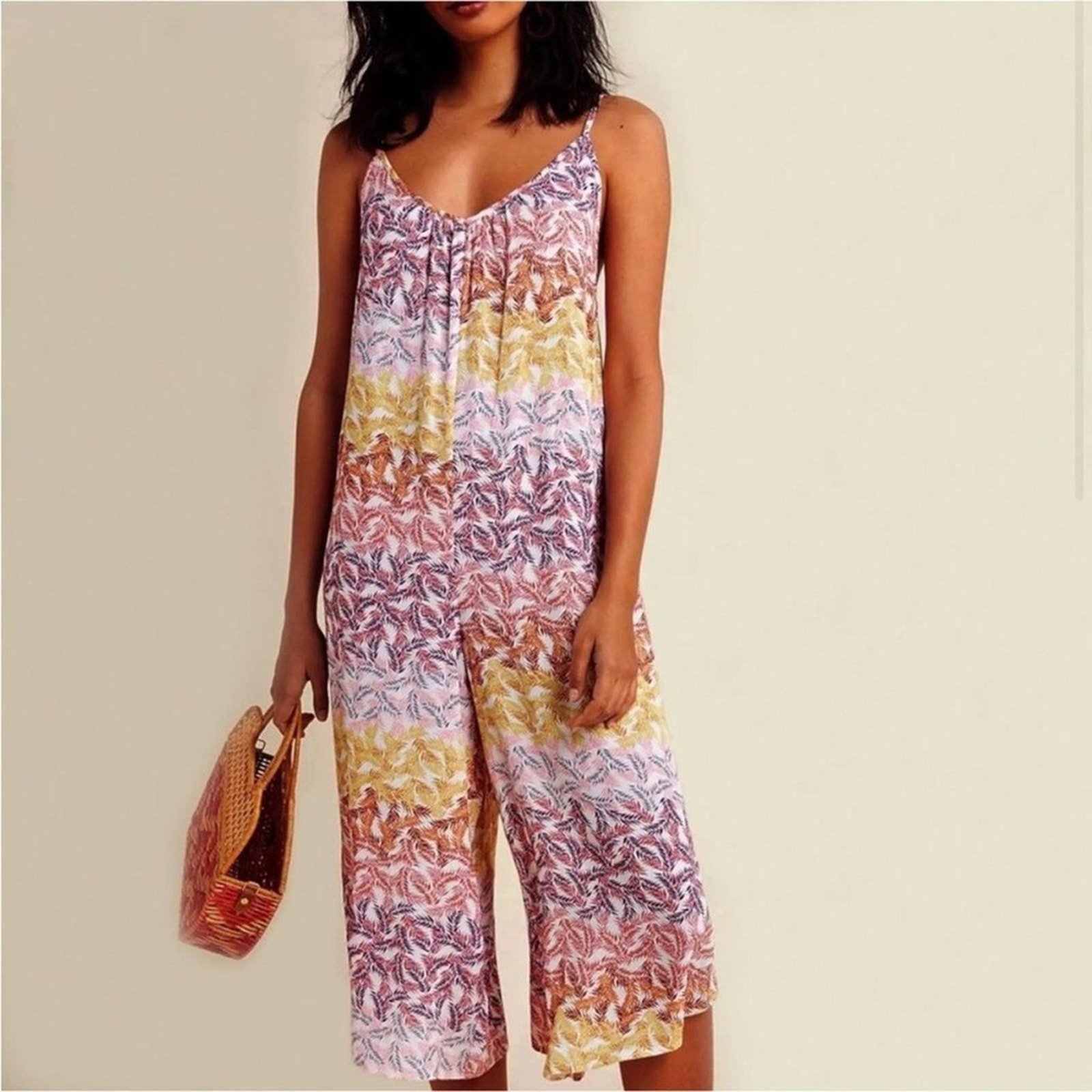 Anthropologie Red and Yellow Jumpsuit Vibrant Floral Design