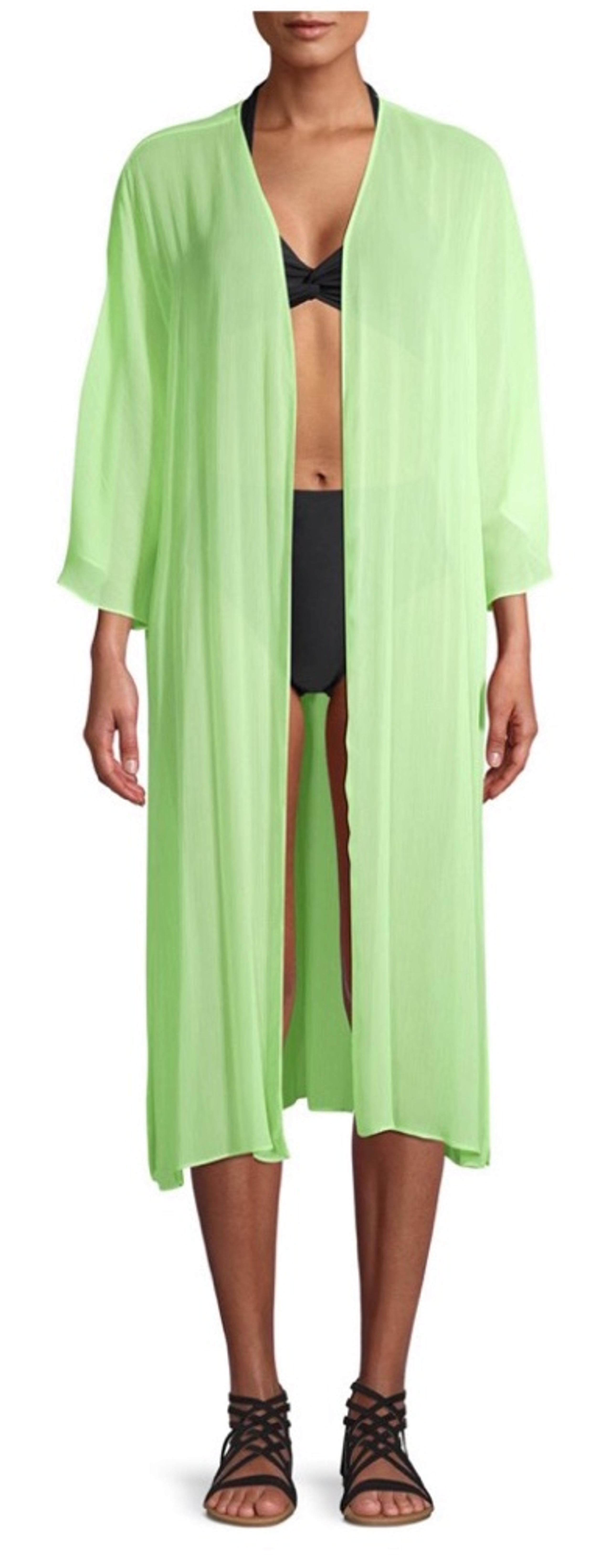 Woman's No Boundaries Neon Green Junior's Miami Bright Long Kimono Size L-XL