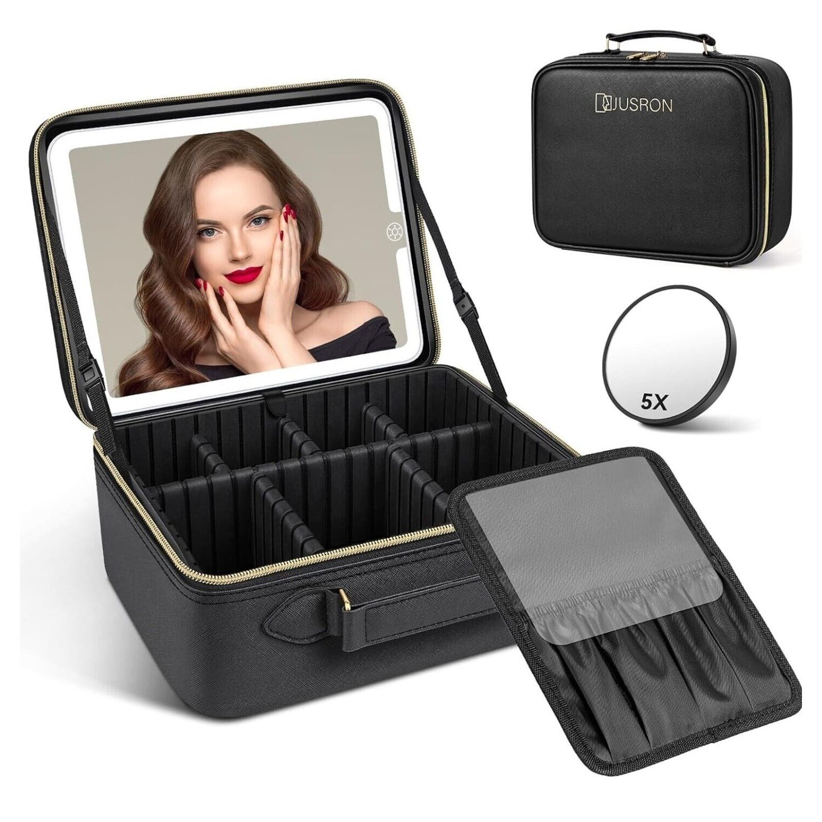 Travel Makeup Cosmetic Bag Organizer with Lighted Mirror 3 Colors Train Case