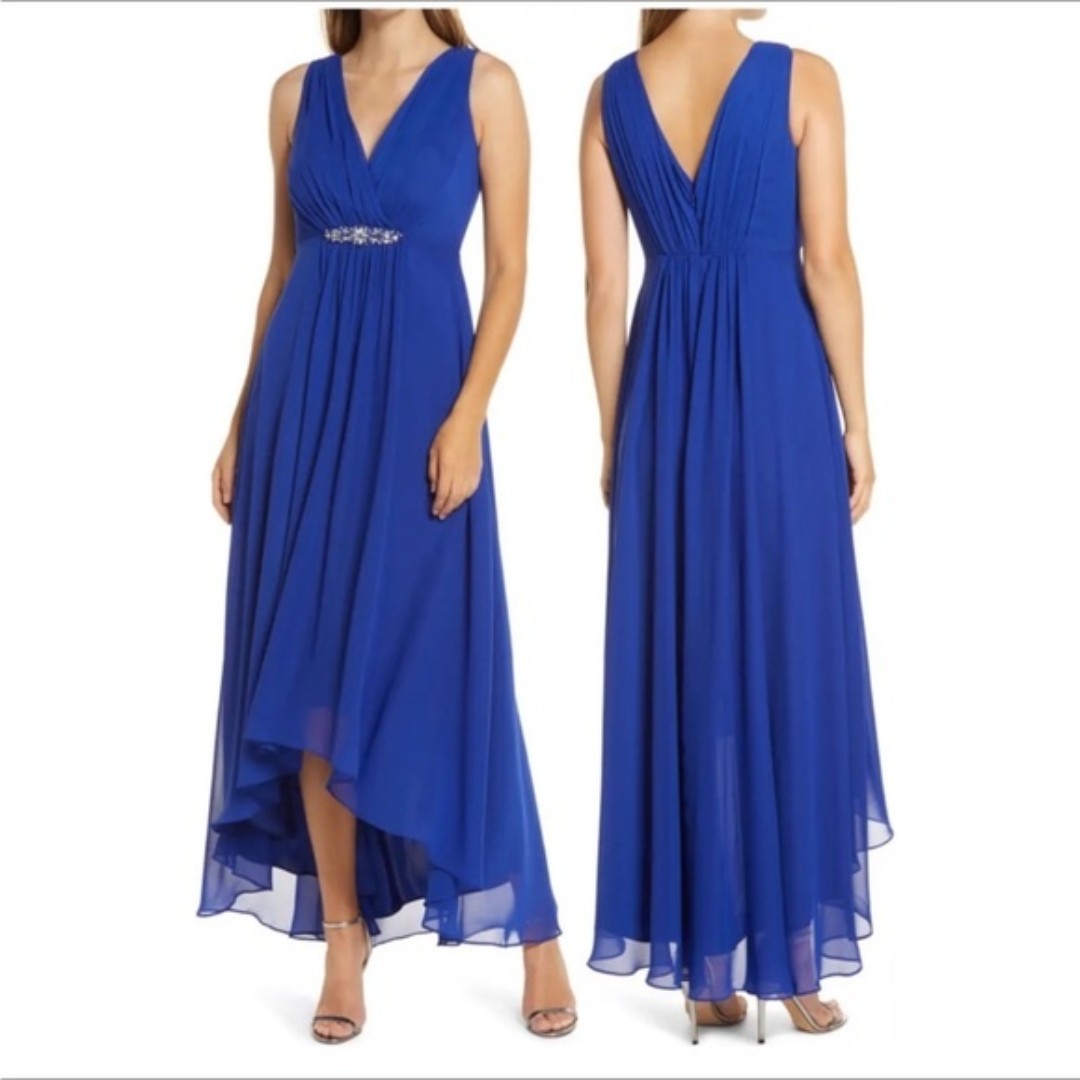 Eliza J Blue Embellished Chiffon Dress Gown Size 4 Sleeveless V Neck High Low