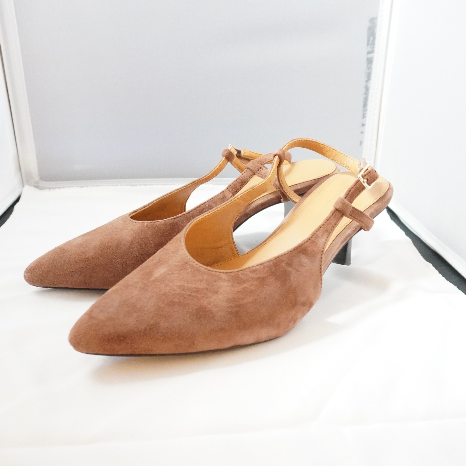 Madewell Brown Suede Slingback Kitten Heels Pointed Toe Ankle Strap Shoes 9.5