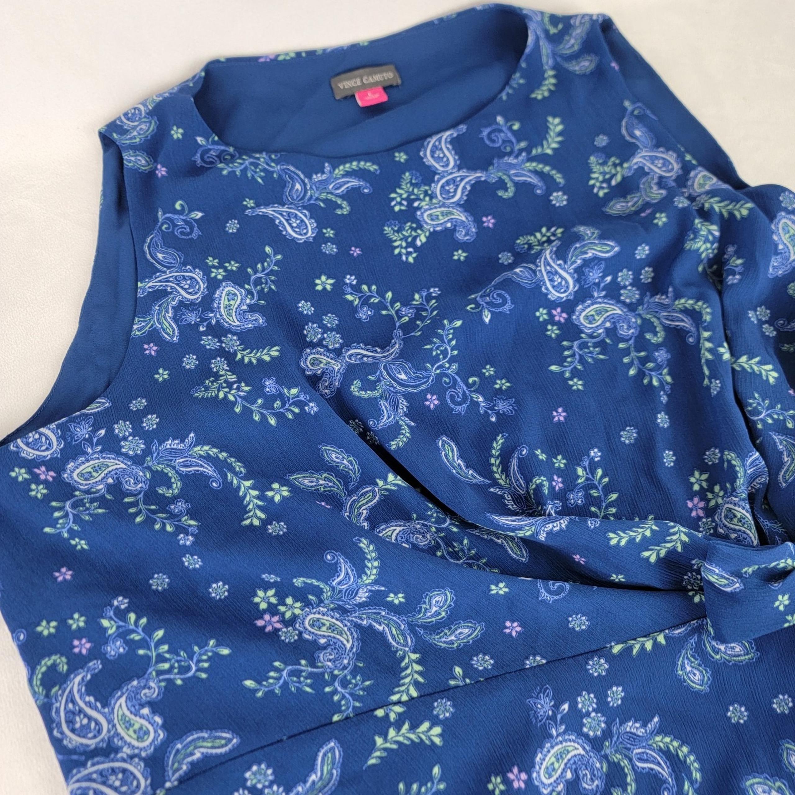 Vince Camuto L Womens Blouse Blue Paisley Floral Asymmetrical Light Flowy