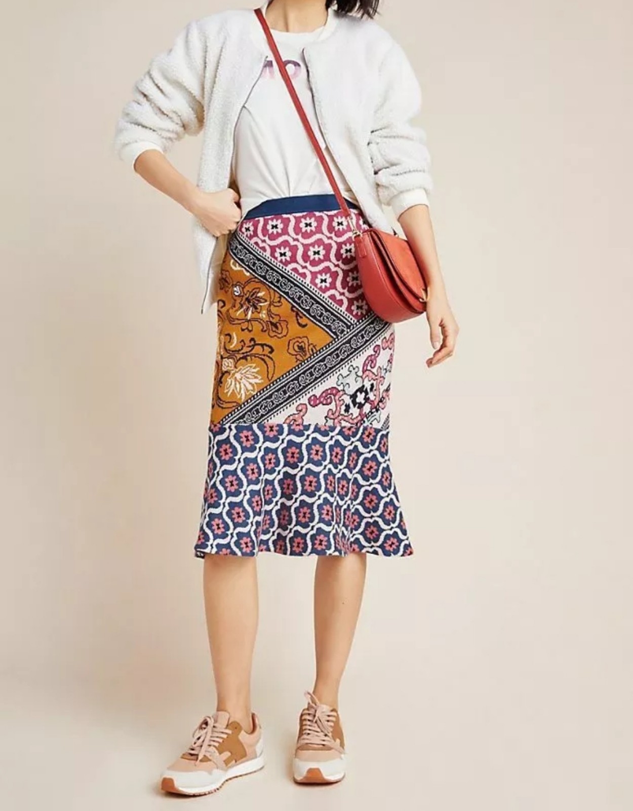 NWT Anthropologie Taylor Flounced Patchwork Knit Midi Skirt, Size Large