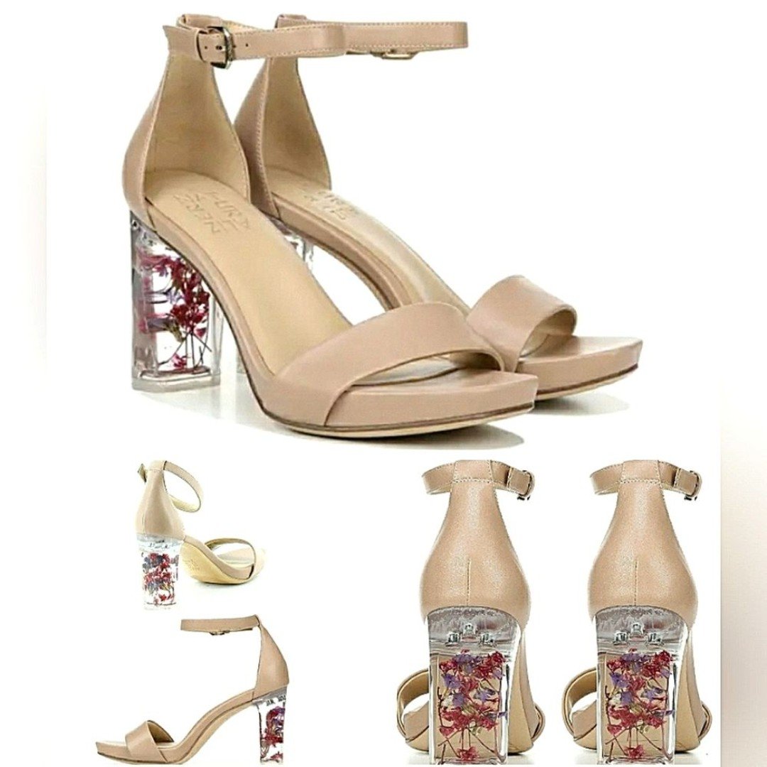 Nude Floral Women's Size 10 Block Heel Ankle Strap Sandals NWT