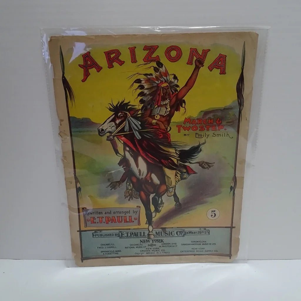 VTG 1903 Arizona March & Two-Step Sheet Music Antique Native American Wall Art