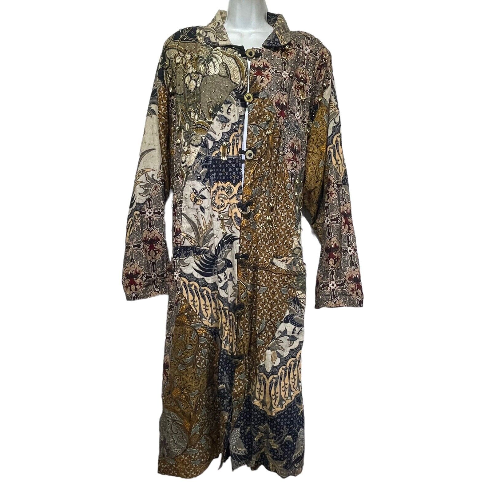 Vintage Batik Patchwork Boho Beaded Festival Button Up Long Duster Robe Kaftan