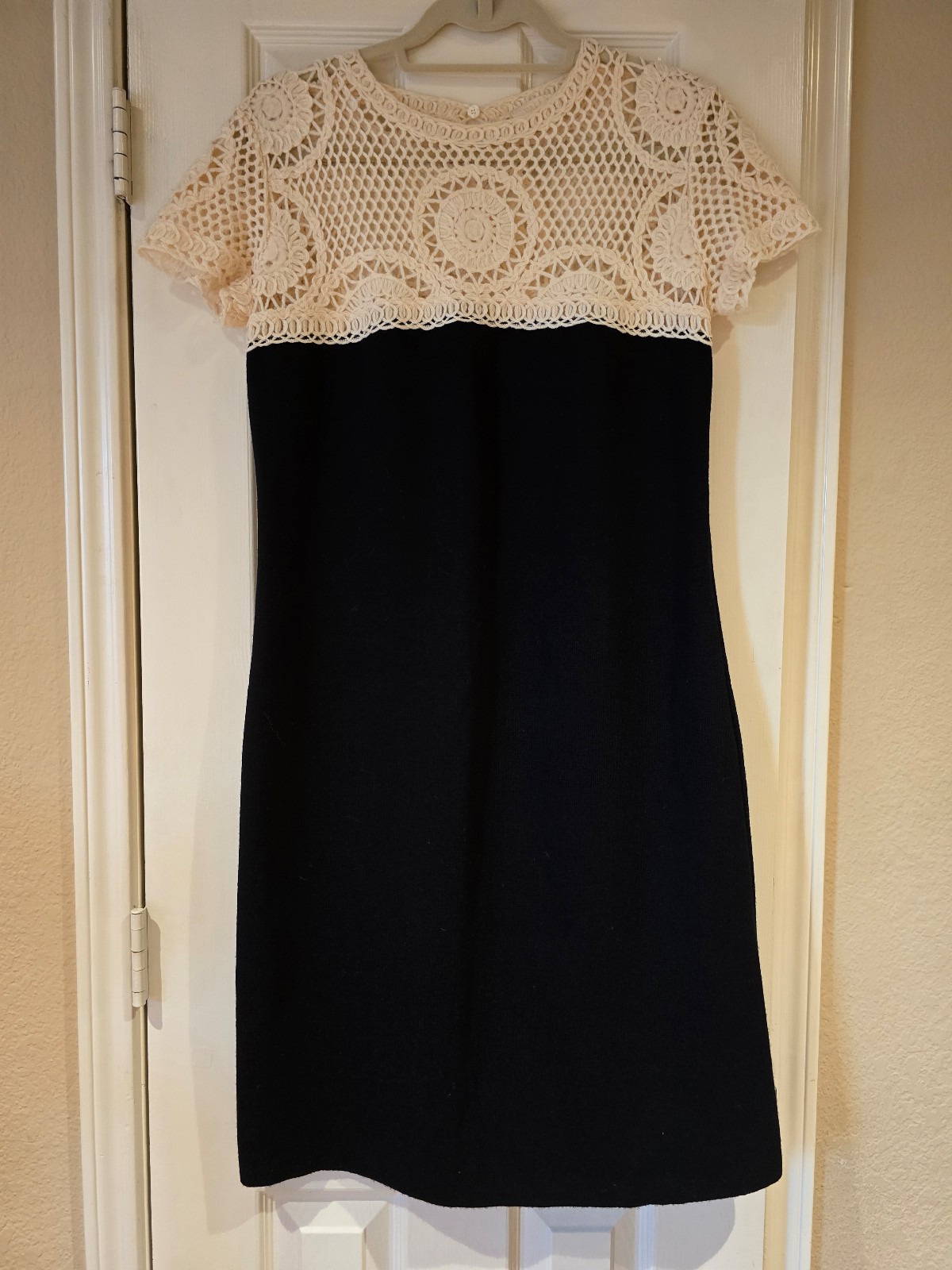 Valentino Garavani black wool and ivory crochet dress