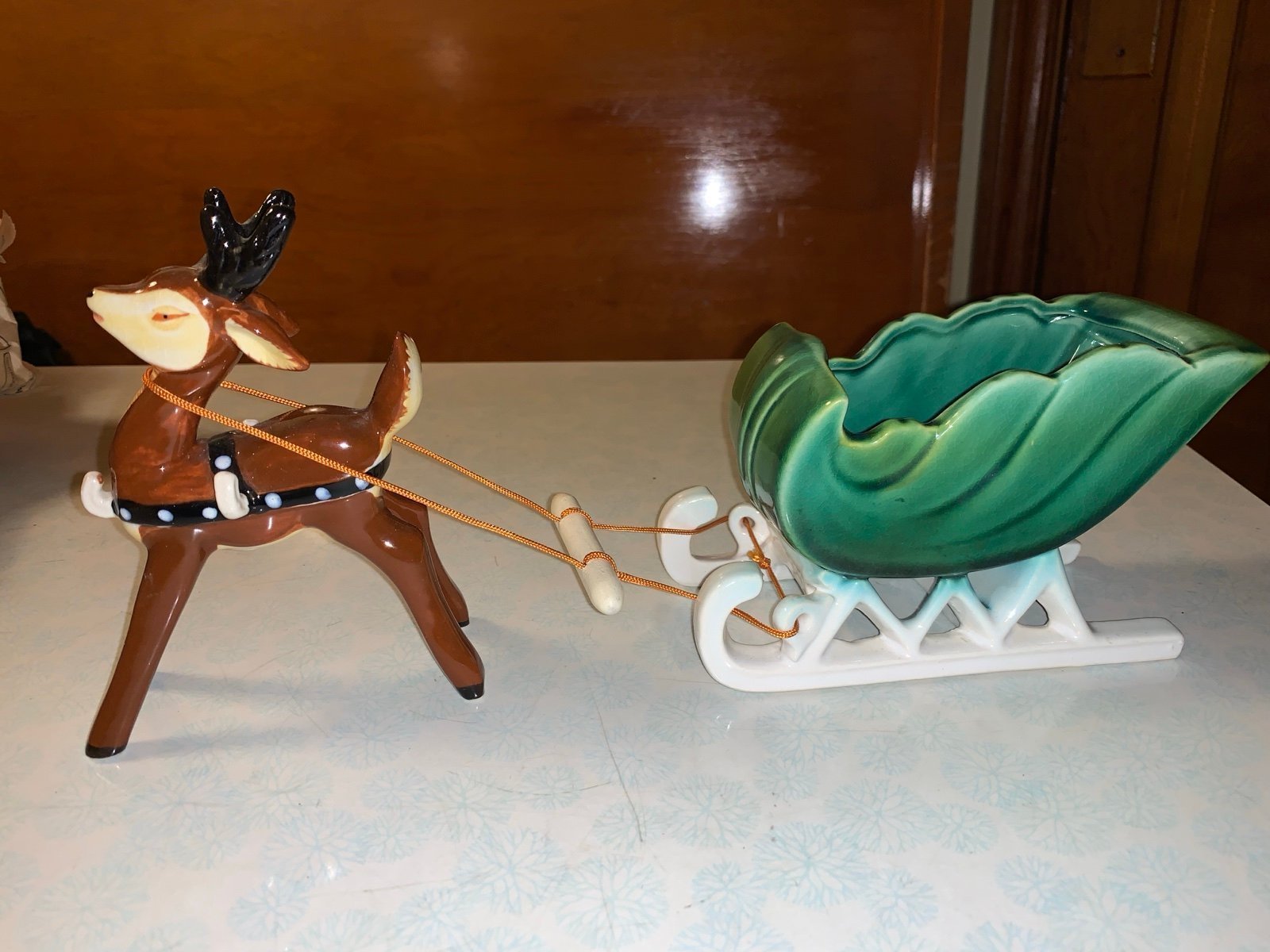Vtg NAPCO Christmas porcelain SANTA w Sleigh & Prancing Reindeer HARNESS & REINS
