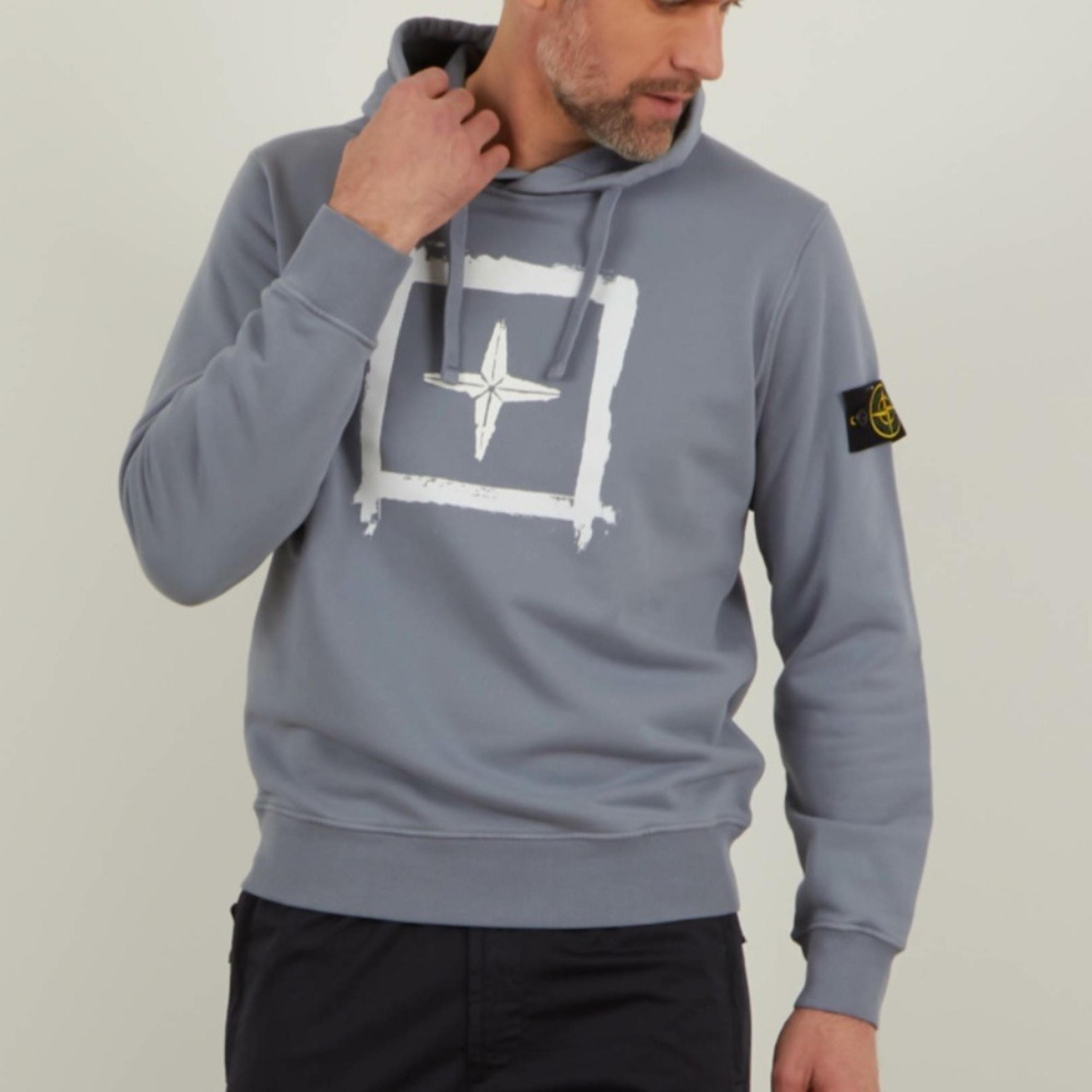 Stone Island Blue and White Stencil Logo and Patch Hoodie Pullover Sweater 3XL