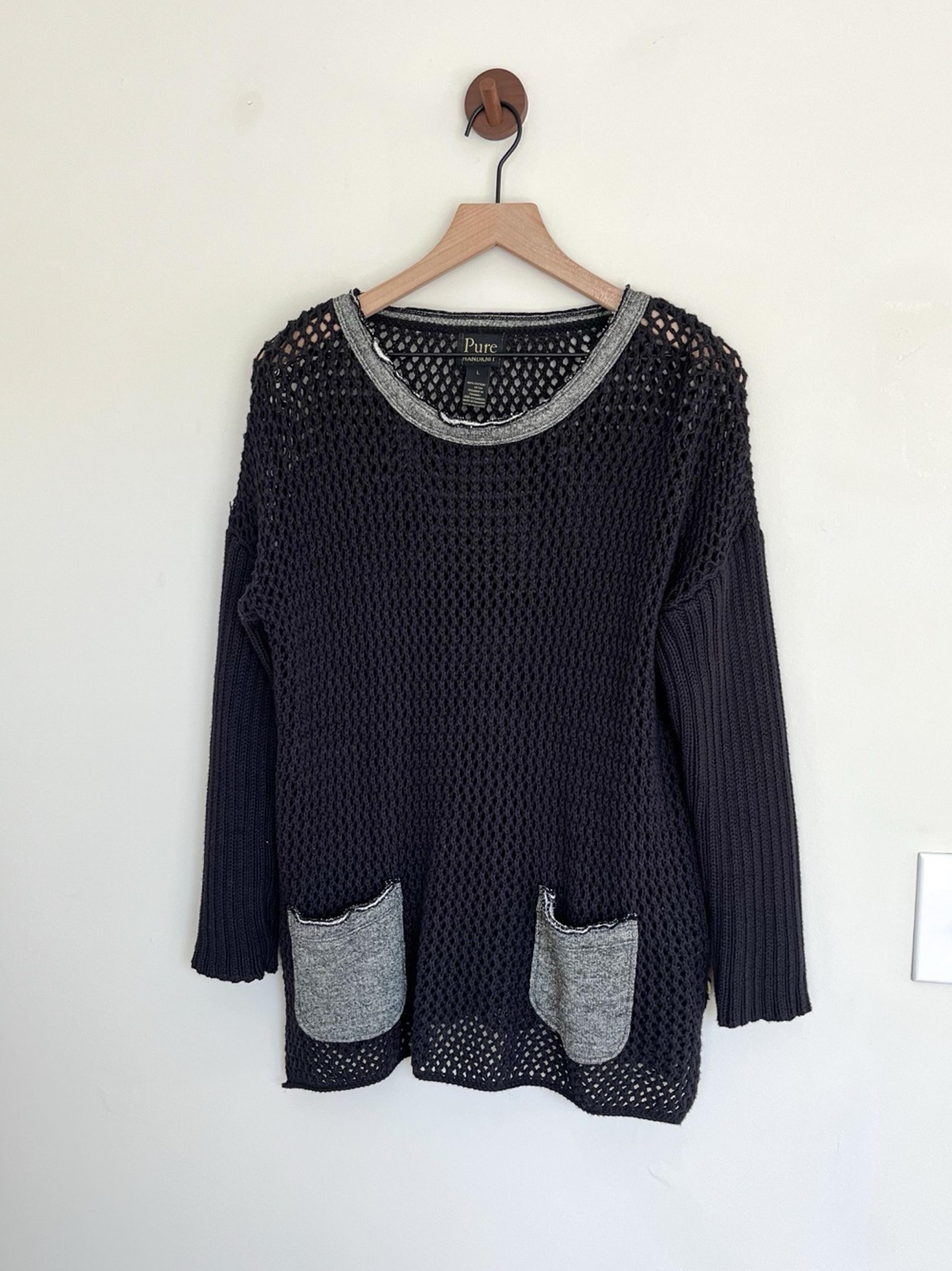 PURE HANDKNIT Anthropologie Black Open Knit Crochet Pullover Sweater Women Large