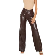 PrettyLittleThing Chocolate Faux Leather Wide Leg Four Pockets Pants Sz 8