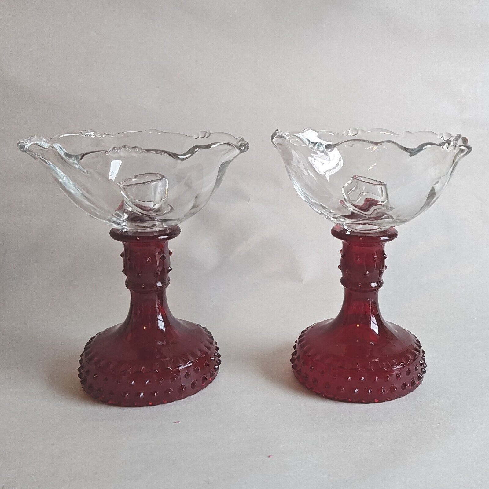 VTG Heisey Crystal Ruby Red Waverly Candlestick Clear Bobeche Candle Holder