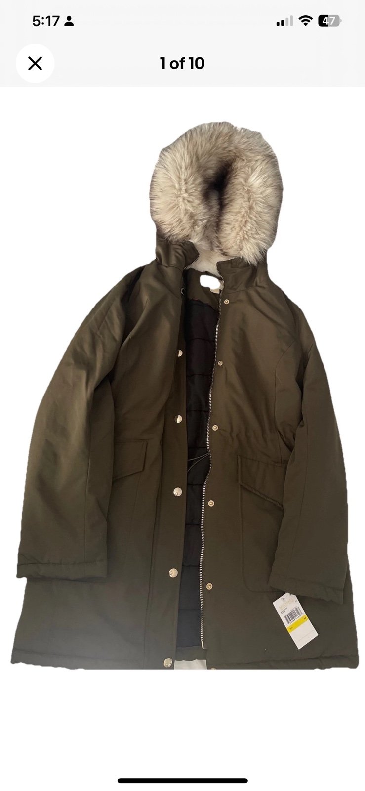 Michael Kors Women's Olive Green Down Cinch Waist Parka Puffer size M