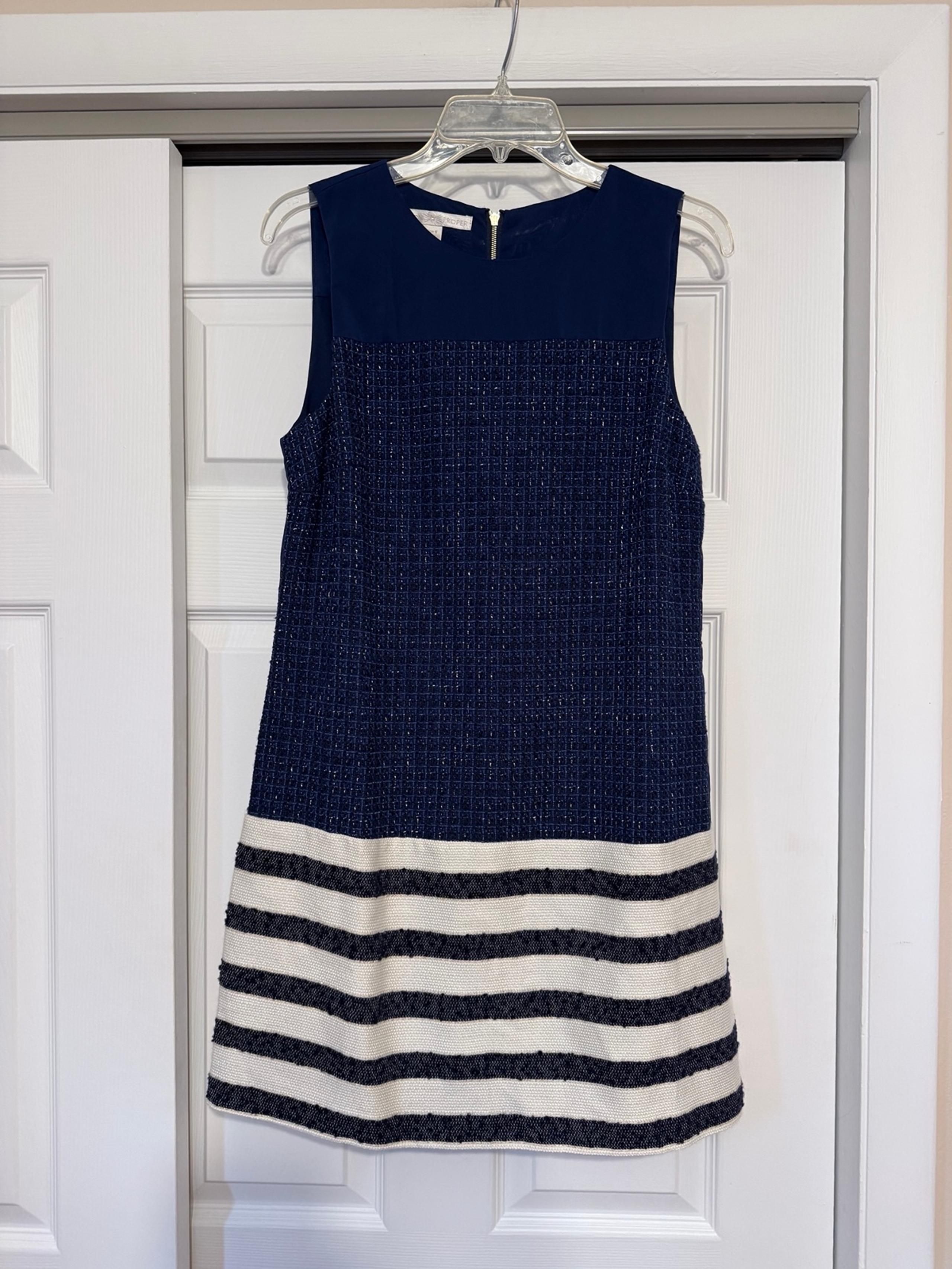 Boston Proper Navy & Ivory Striped Tweed Dress - Size 6