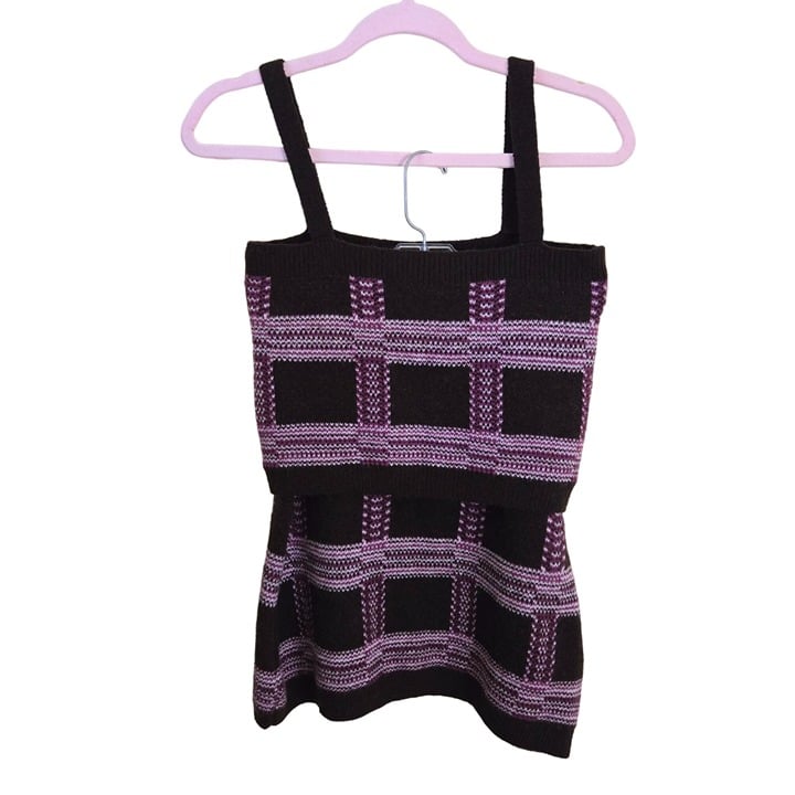 By Egreis NWT Plaid Sweater Skirt Set Brown Purple Size M
