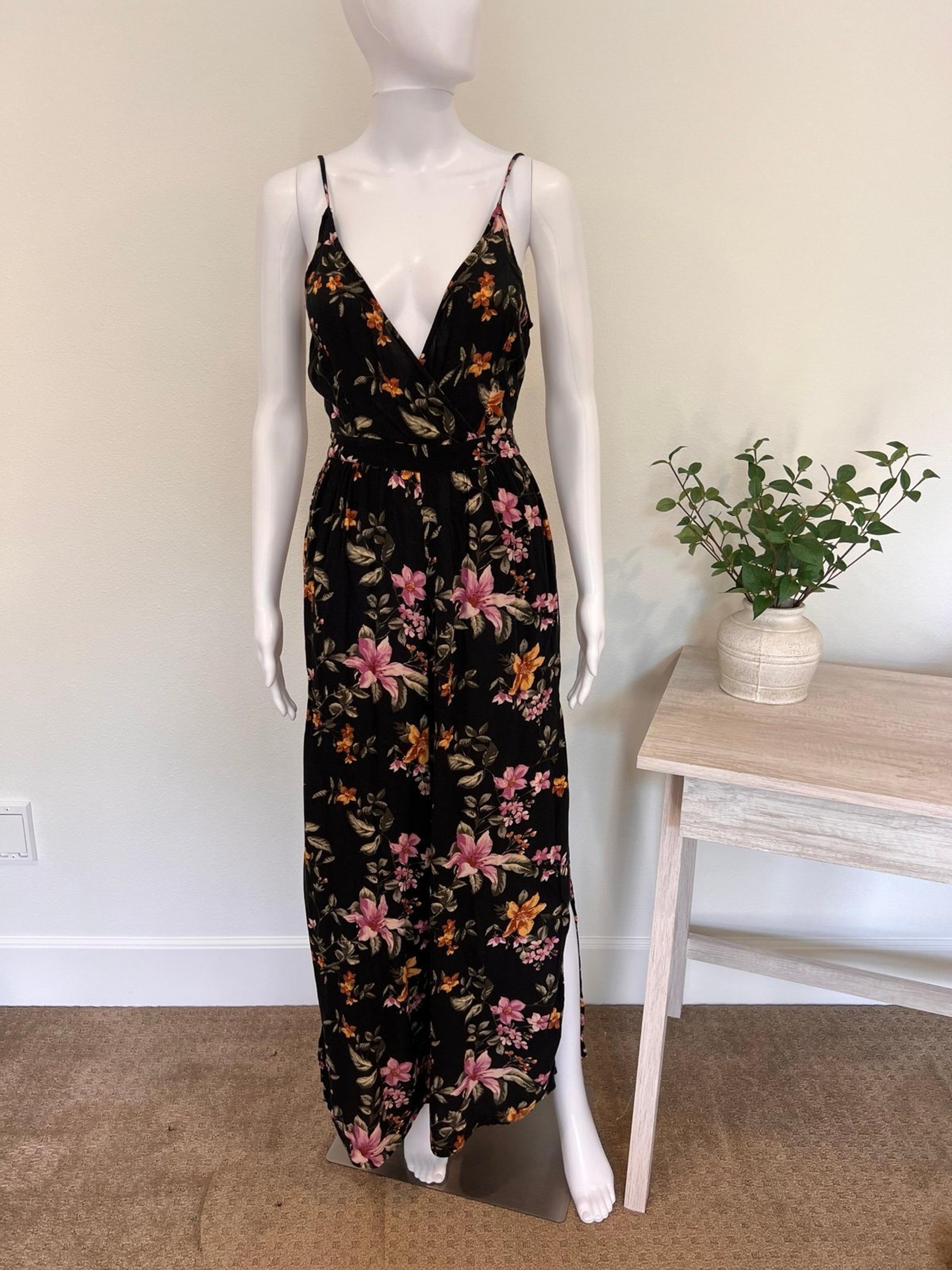 American Eagle womens floral jumpsuit tie back floral Wide  leg black Size XS