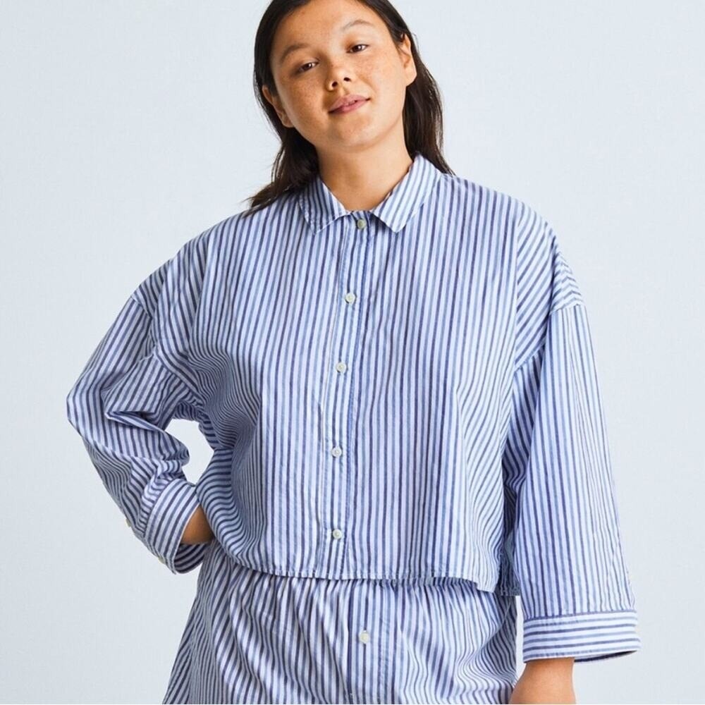 Everlane Cotton PJ Boxy Crop Button Front Blue & White Striped Long Sleeve Top