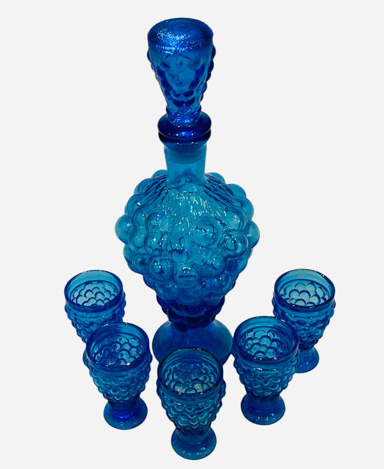 1950s VETRERIA ETRUSCAN Empoli Blue Grapes Glass Decanter Set 5 Glasses