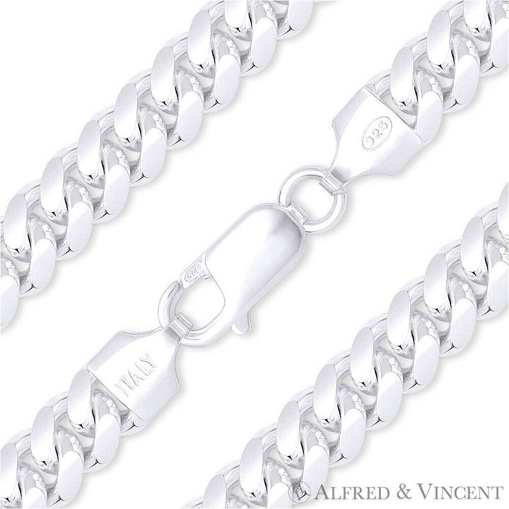 8mm Miami Cuban / Curb Link Italian Chain Necklace in .925 Sterling Silver 22