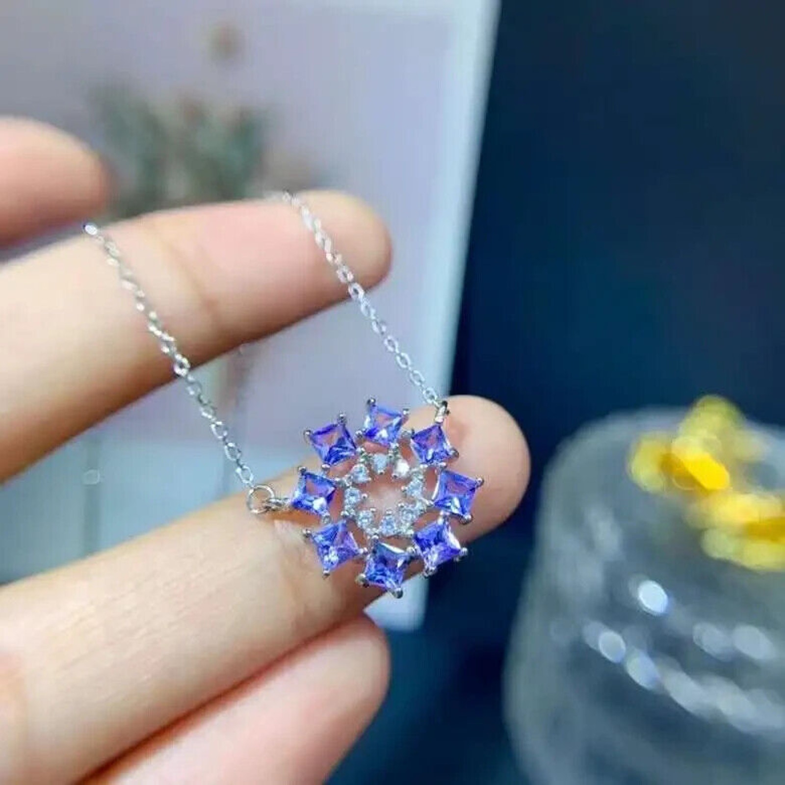 VVS1 Purple Tanzanite Cluster Pendant Necklace, Dainty Tanzanite Chain Necklace