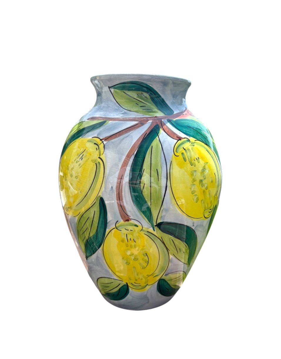 Vintage Painted Pottery Barn Lemont Vase Made In Italy Lemons Large Planter Urn