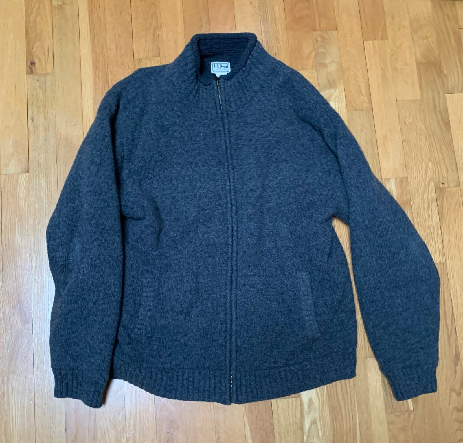 LL Bean Jacket Mens L Gray Lambswool Sherpa Lined Full Zip Sweater Knit